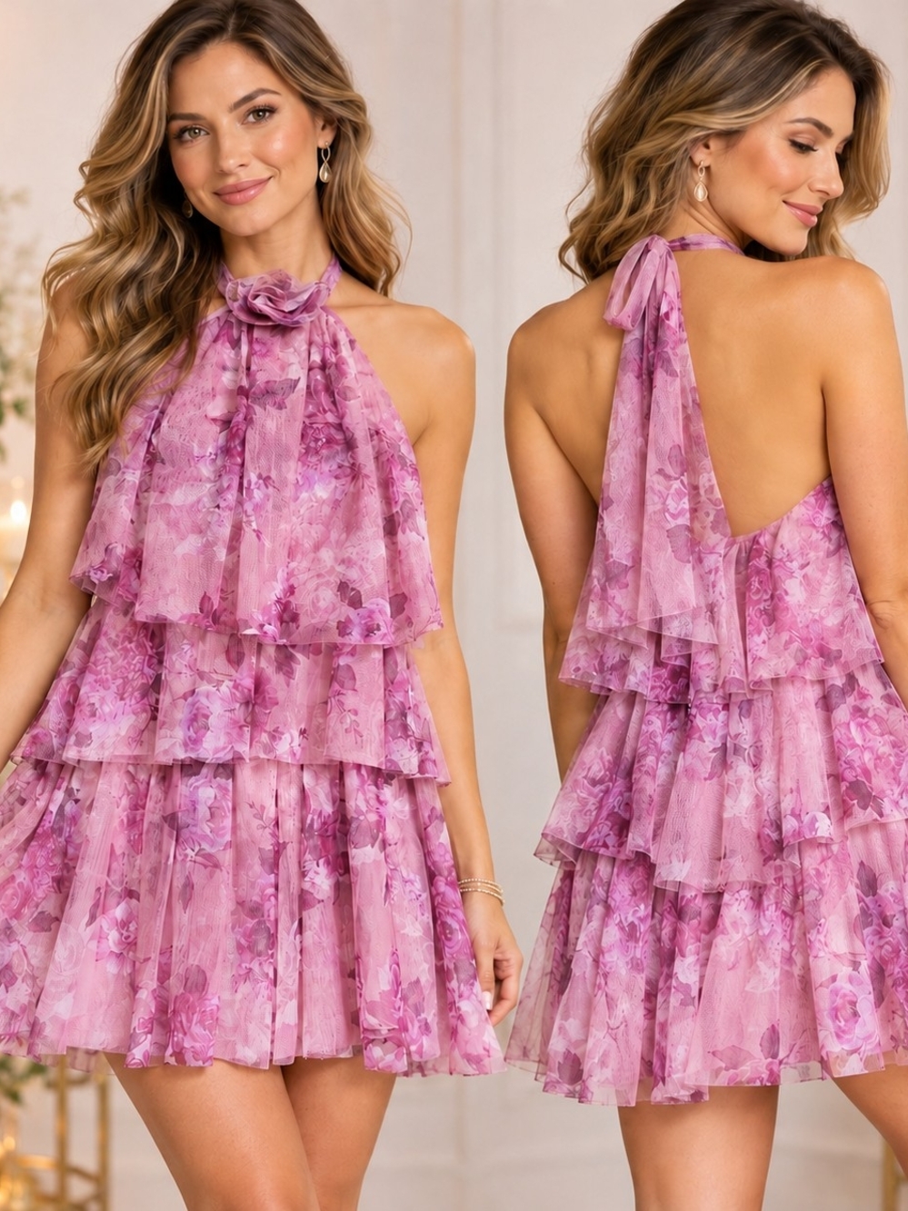 NEW Alex & Sophia Party Pink Floral Halter Tiered Mini Dress Size 7/8 Romantic C